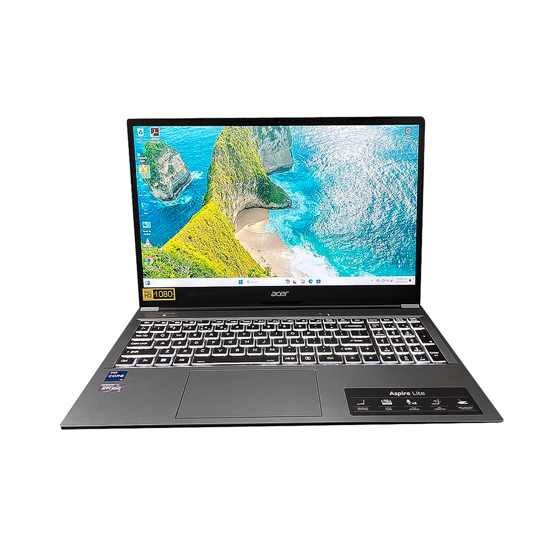 Laptop Acer Aspire Lite plateada abierta mostrando diseño ultra delgado, teclado ergonómico y pantalla Full HD - Laptop Express Caracas