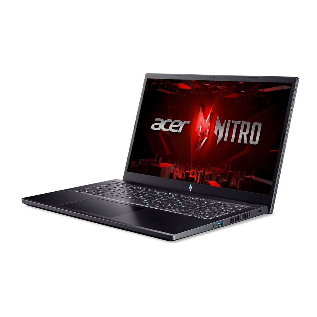 Laptop Acer Nitro V15  ANV15-51-717H junto a su control gamer incluido, mostrando teclado retroiluminado y tarjeta de video RTX 4050 - Laptop Express Caracas