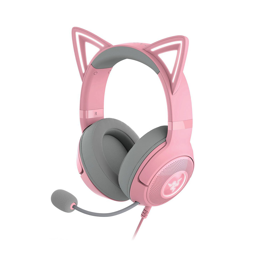 Audífonos gaming Razer Kraken Kitty rosados con orejas de gato, sonido estéreo y controladores de 40mm - Laptop Express Caracas