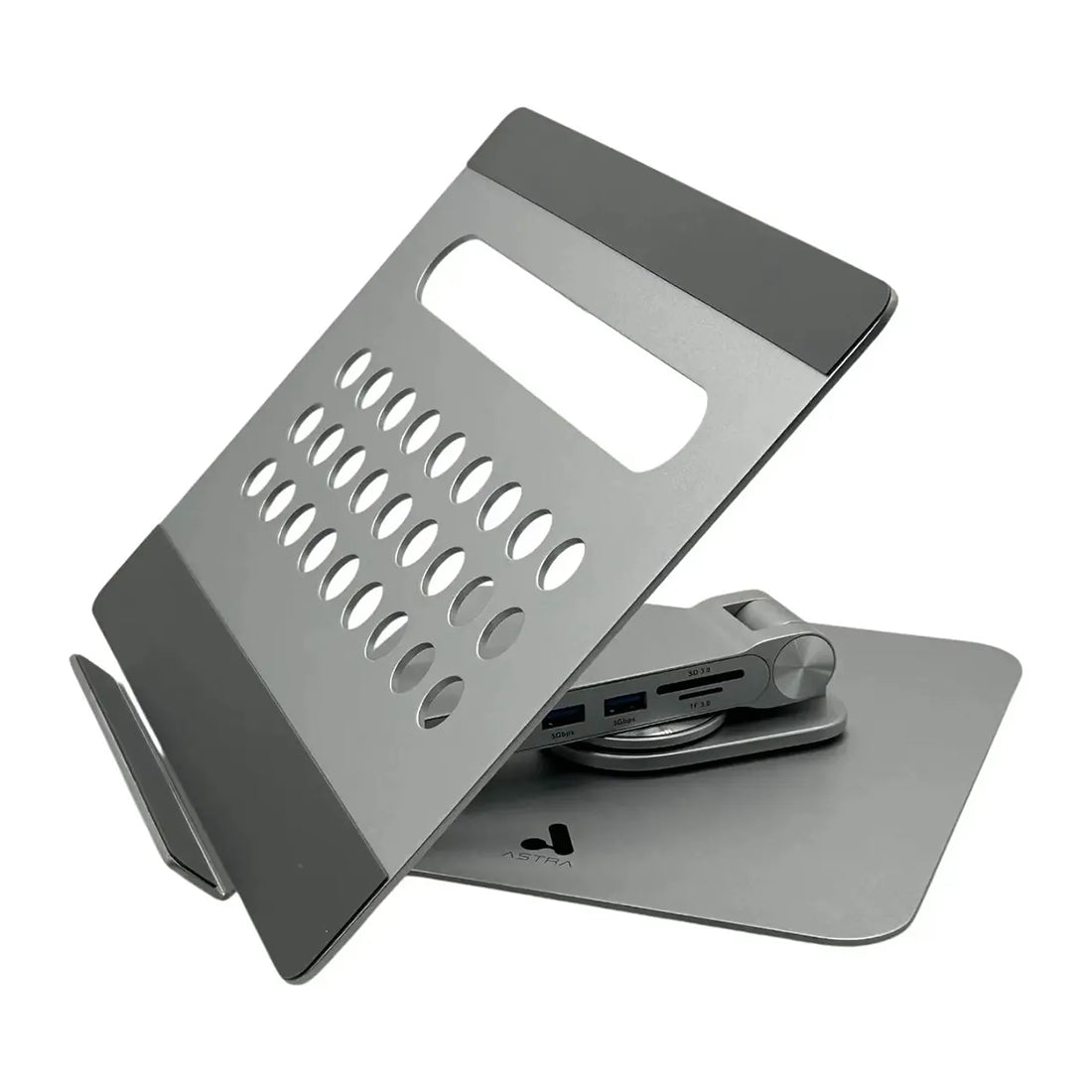 Base metálica ergonómica Astra para laptop con docking station 7 en 1 integrado, puertos USB-C, HDMI 4K y lectores de tarjetas - Laptop Express Caracas