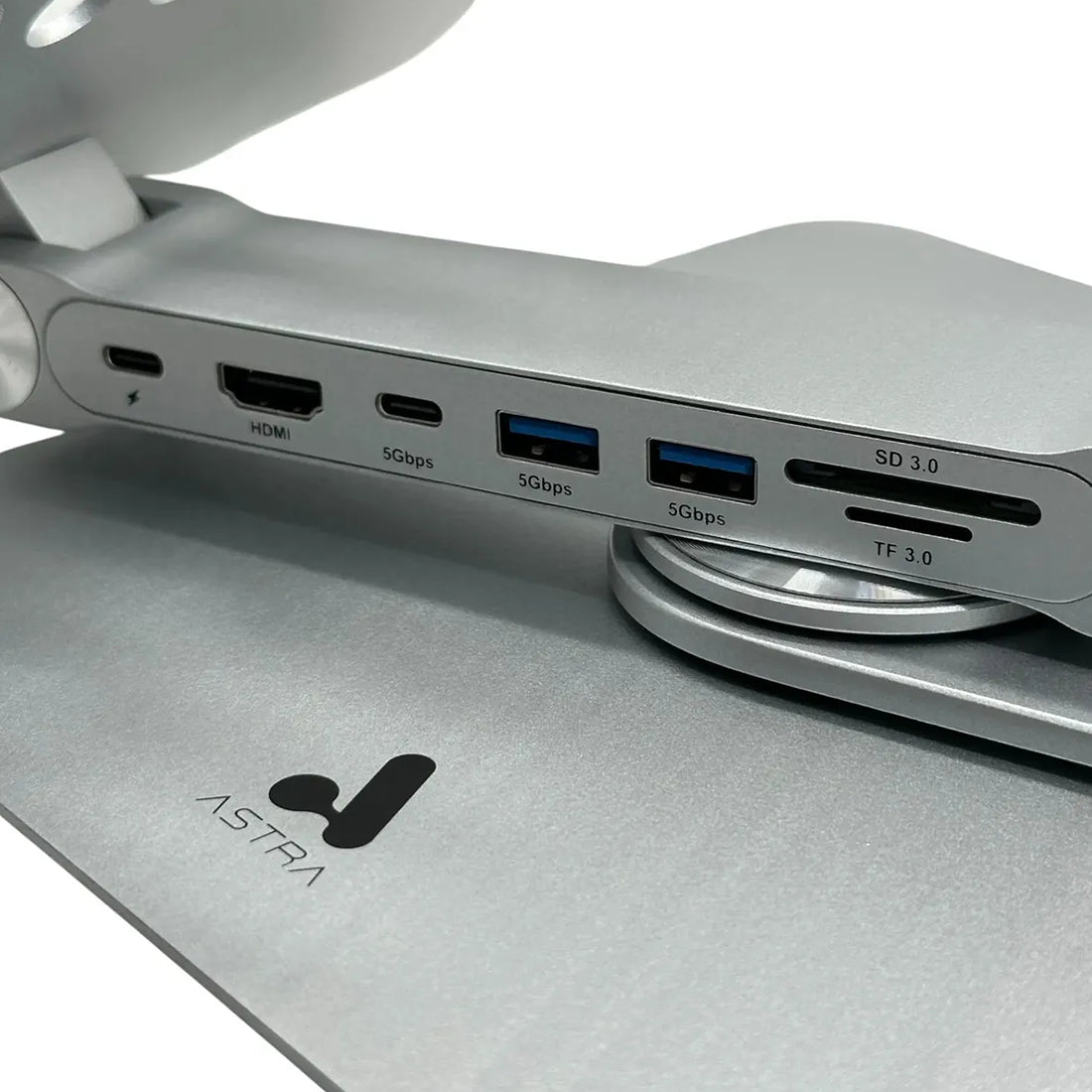 Base metálica ergonómica Astra para laptop con docking station 7 en 1 integrado, puertos USB-C, HDMI 4K y lectores de tarjetas - Laptop Express Caracas