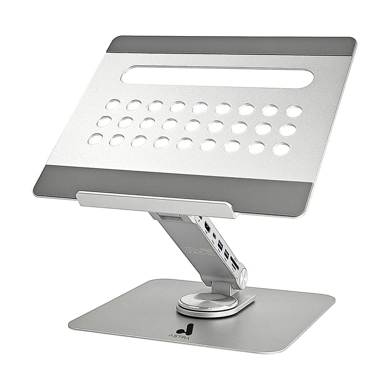 Base metálica ergonómica Astra para laptop con docking station 7 en 1 integrado, puertos USB-C, HDMI 4K y lectores de tarjetas - Laptop Express Caracas