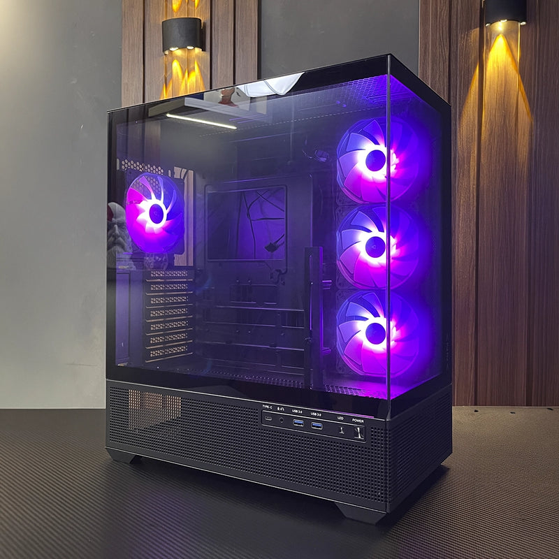 Gabinete Azza Tiara Mid Tower ATX en color negro con diseño tipo pecera, doble panel de vidrio templado y 4 ventiladores ARGB incluidos - Laptop Express Caracas