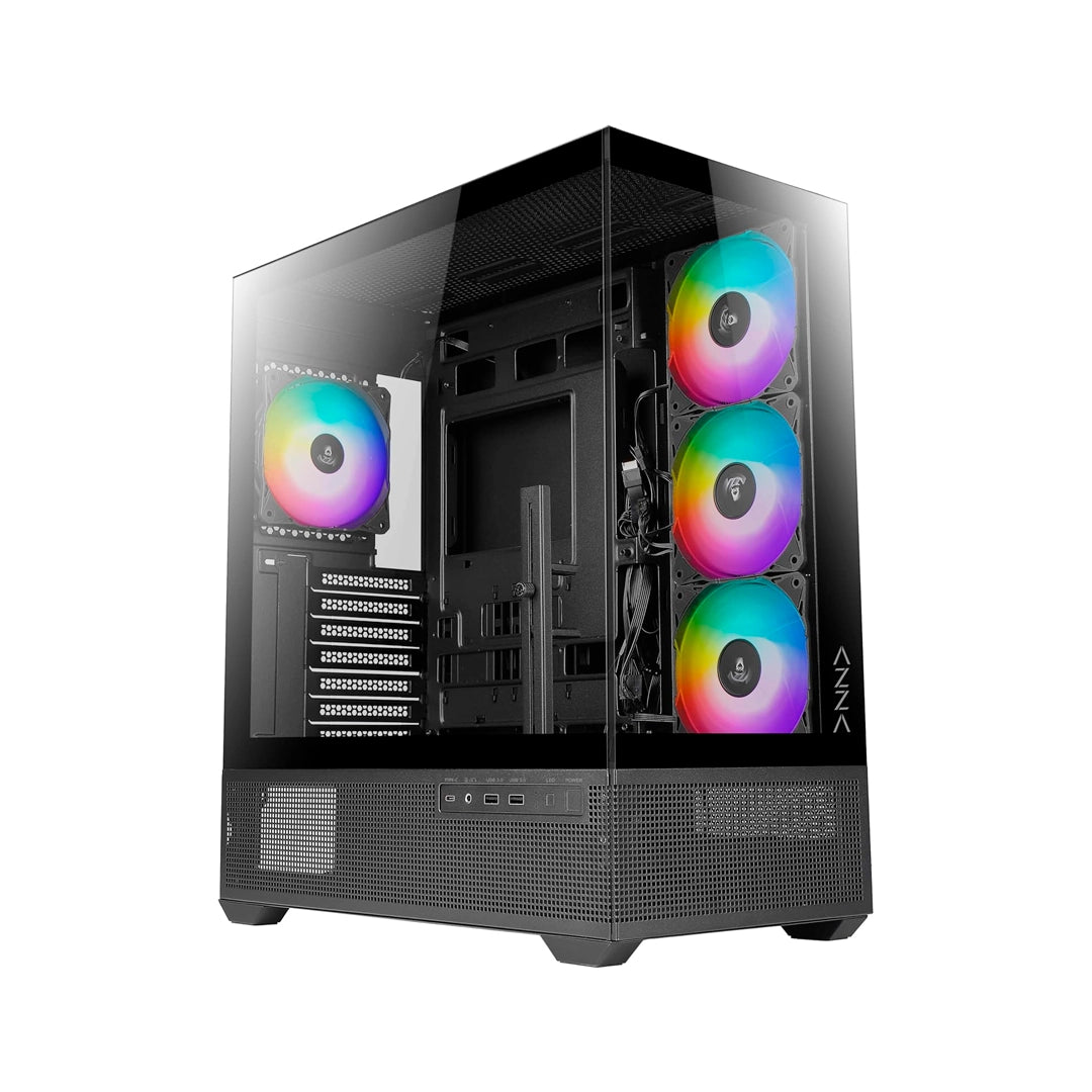 Case Azza Tiara Mid Tower ATX en color negro con diseño tipo pecera, doble panel de vidrio templado y 4 ventiladores ARGB incluidos - Laptop Express Caracas