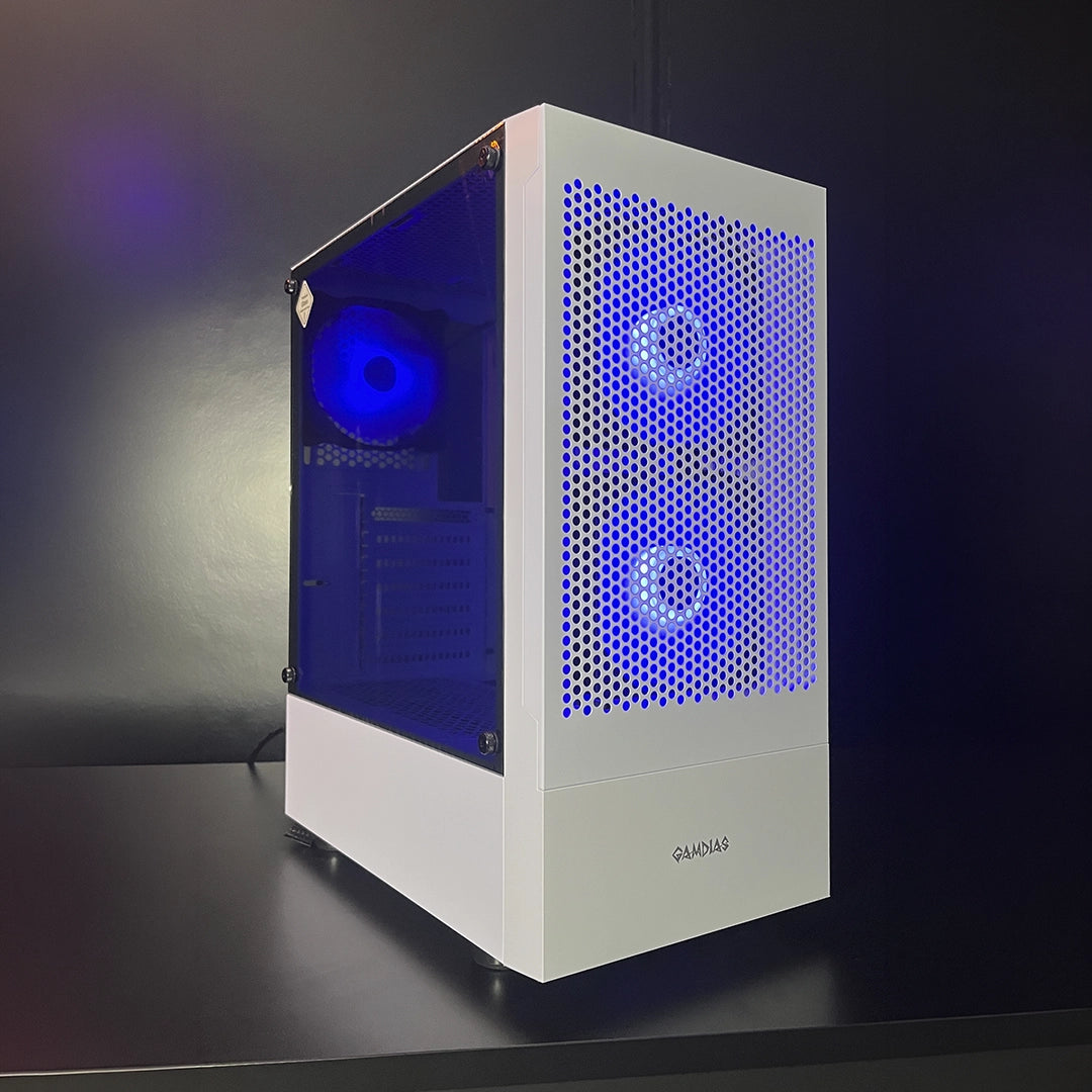Case Gamdias Talos E3 Mesh blanco con panel frontal de malla y 3 ventiladores ARGB instalados - Disponible en Laptop Express Caracas