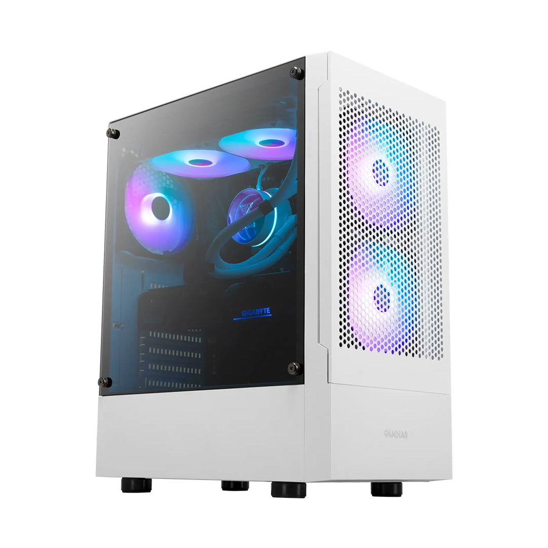 Case Gamdias Talos E3 Mesh blanco con panel frontal de malla y 3 ventiladores ARGB instalados - Disponible en Laptop Express Caracas Venezuela