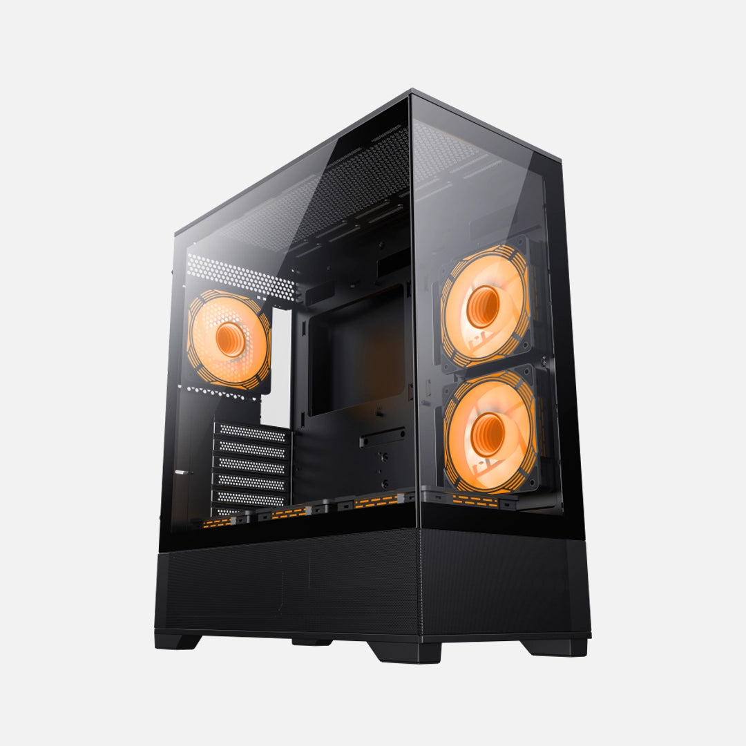 Case Gamer GameMax Vista Negro con diseño de vidrio templado dual panorámico y soporte ATX - Laptop Express Caracas