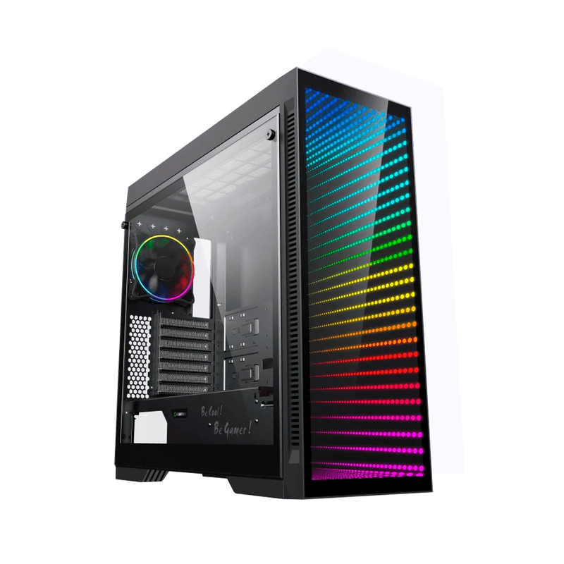 Chasis gamer para PC GameMax Abyss en color negro con panel frontal de espejo infinito, ventana lateral de vidrio templado, iluminación ARGB y 7 ranuras de expansión - Laptop Express Caracas
