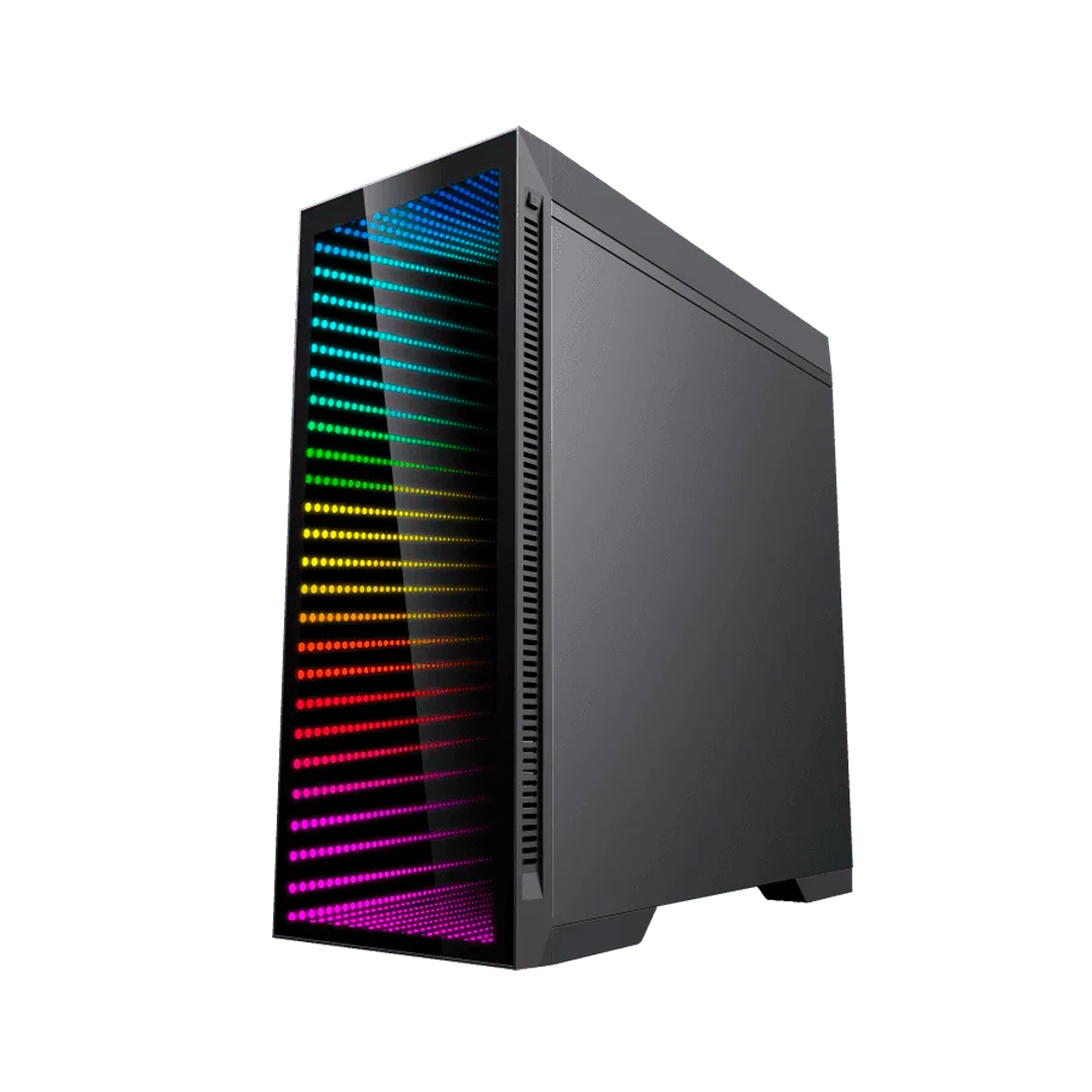 Chasis gamer para PC GameMax Abyss en color negro con panel frontal de espejo infinito, ventana lateral de vidrio templado, iluminación ARGB y 7 ranuras de expansión - Laptop Express Caracas