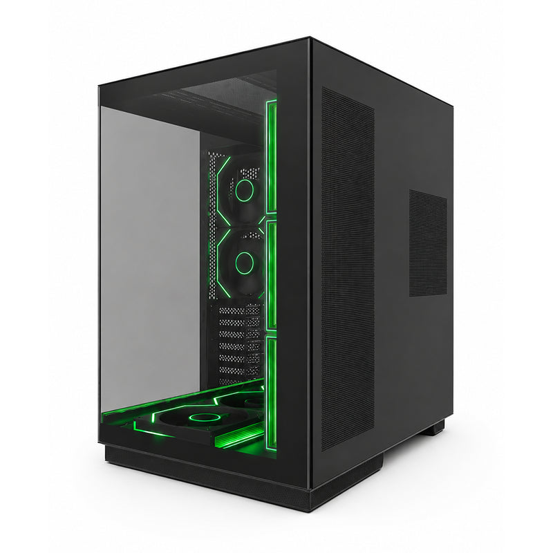 Case gamer Jemip Delta X en color negro de tipo pecera con doble vidrio templado panorámico, capacidad para 8 ventiladores y compatibilidad con tarjetas madres ATX, Micro-ATX y Mini-ITX - Laptop Express Caracas