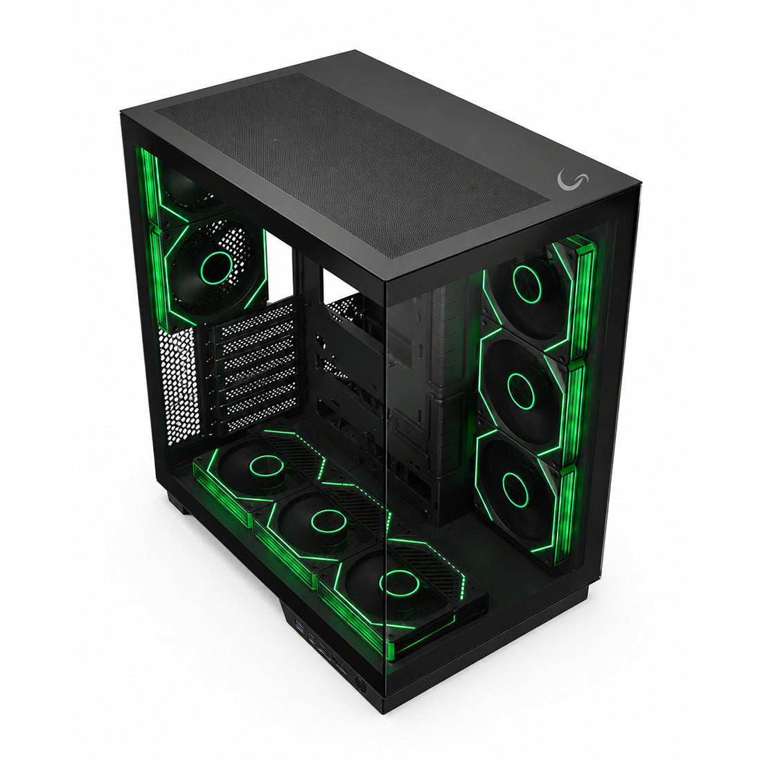 Case gamer Jemip Delta X en color negro de tipo pecera con doble vidrio templado panorámico, capacidad para 8 ventiladores y compatibilidad con tarjetas madres ATX, Micro-ATX y Mini-ITX - Laptop Express Caracas
