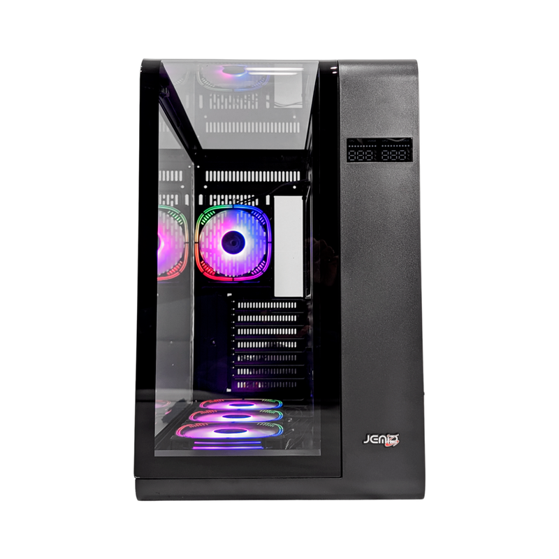 Chasis gamer Jemip Super Cyborg con diseño futurista de armadura mecha, pantalla digital integrada para monitoreo del sistema, 4 ventiladores ARGB y paneles de vidrio templado - Laptop Express Caracas