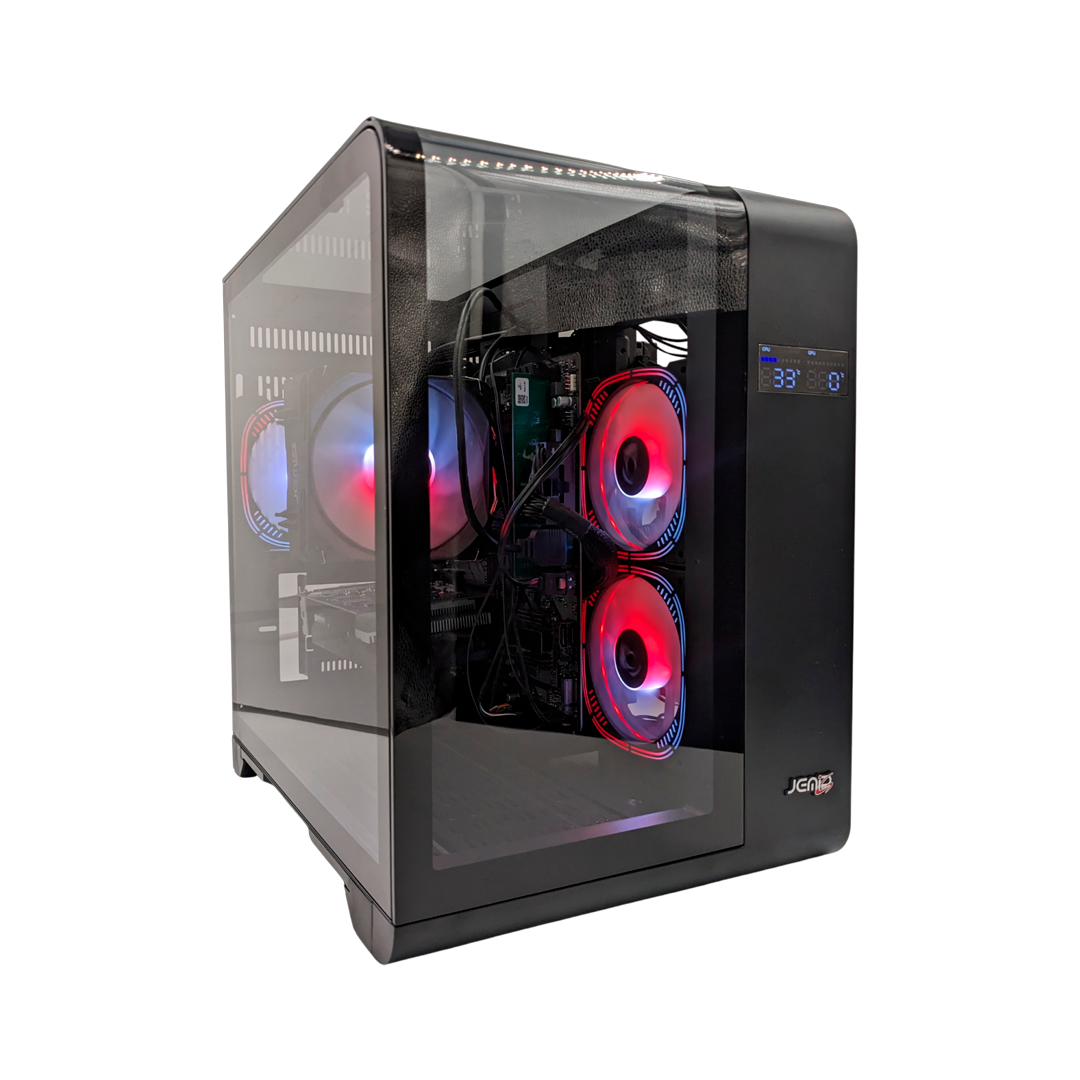 Chasis gamer Jemip Super Cyborg con diseño futurista de armadura mecha, pantalla digital integrada para monitoreo del sistema, 4 ventiladores ARGB y paneles de vidrio templado - Laptop Express Caracas