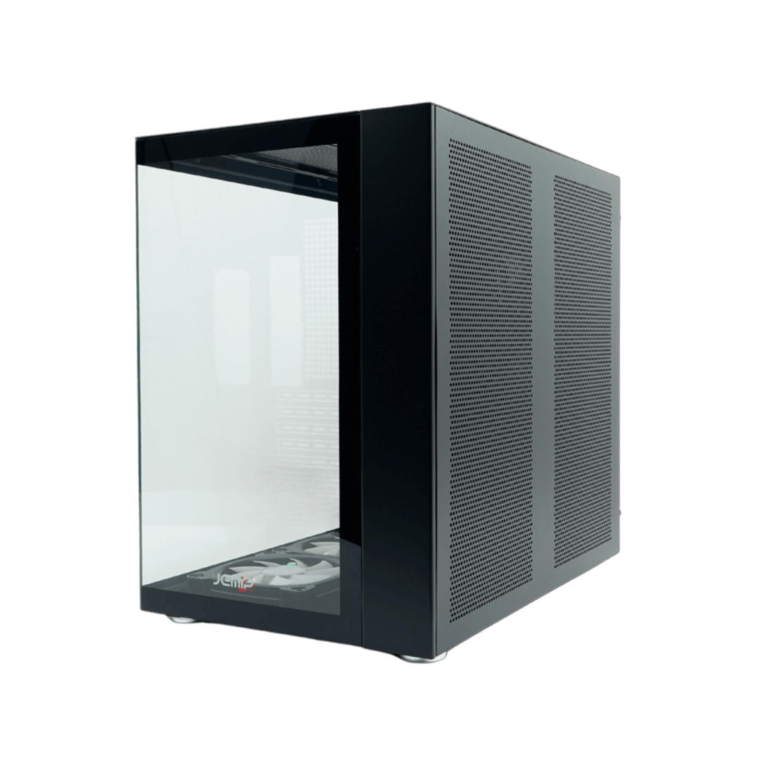 Case gamer tipo pecera Jemip Evo II 2.5 negro con vidrio templado panorámico y 7 ventiladores ARGB incluidos - Laptop Express Caracas