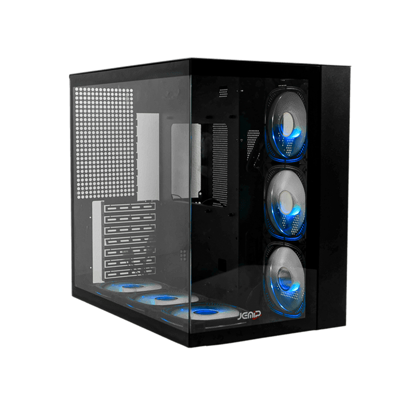 Case gamer tipo pecera Jemip Evo II 2.5 negro con vidrio templado panorámico y 7 ventiladores ARGB incluidos - Laptop Express Caracas