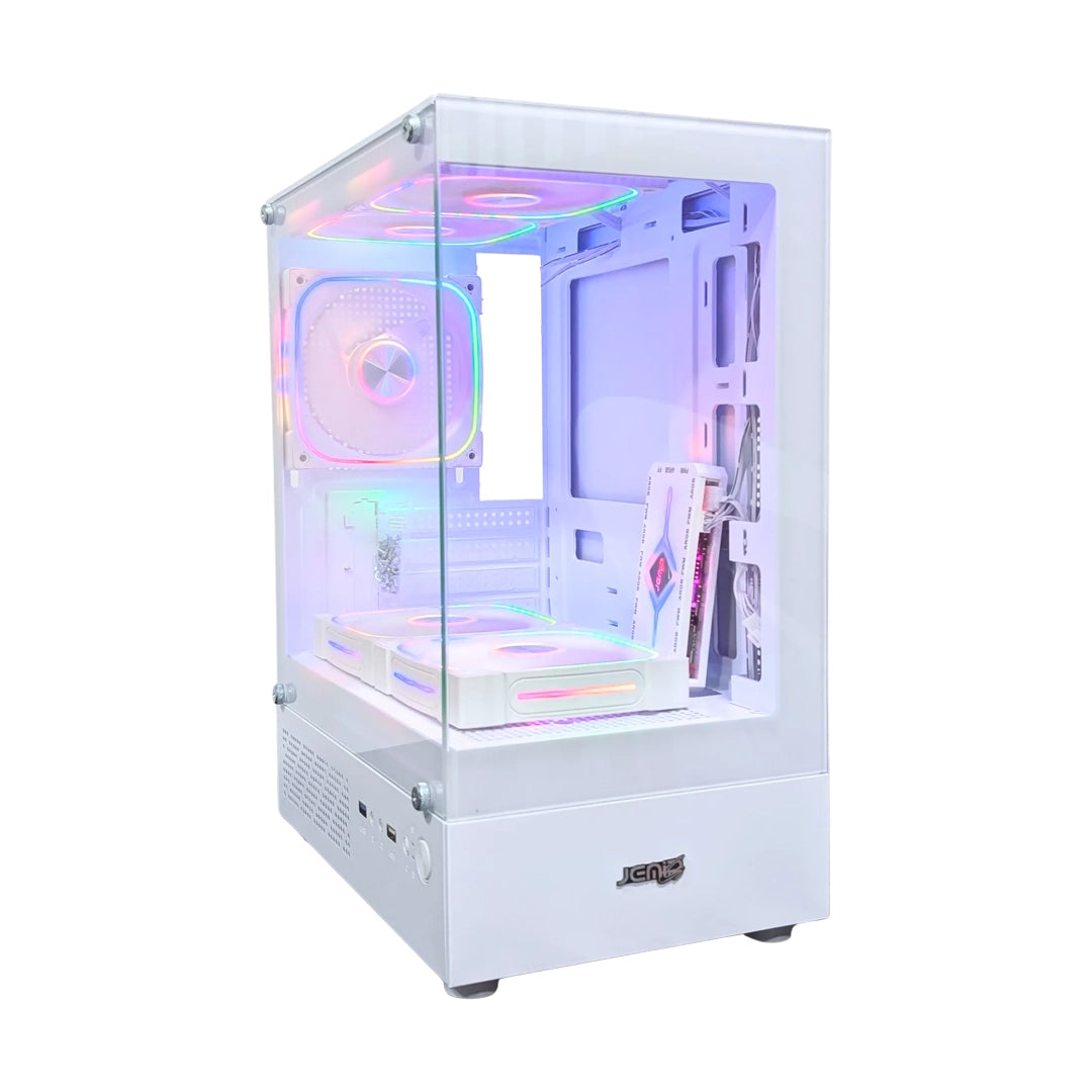 Case Gamer Jemip Clarity Blanco con diseño panorámico de vidrio templado dual y soporte ATX para setups blancos - Laptop Express Caracas