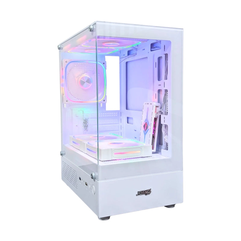 Case Gamer Jemip Clarity Blanco con diseño panorámico de vidrio templado dual y soporte ATX para setups blancos - Laptop Express Caracas