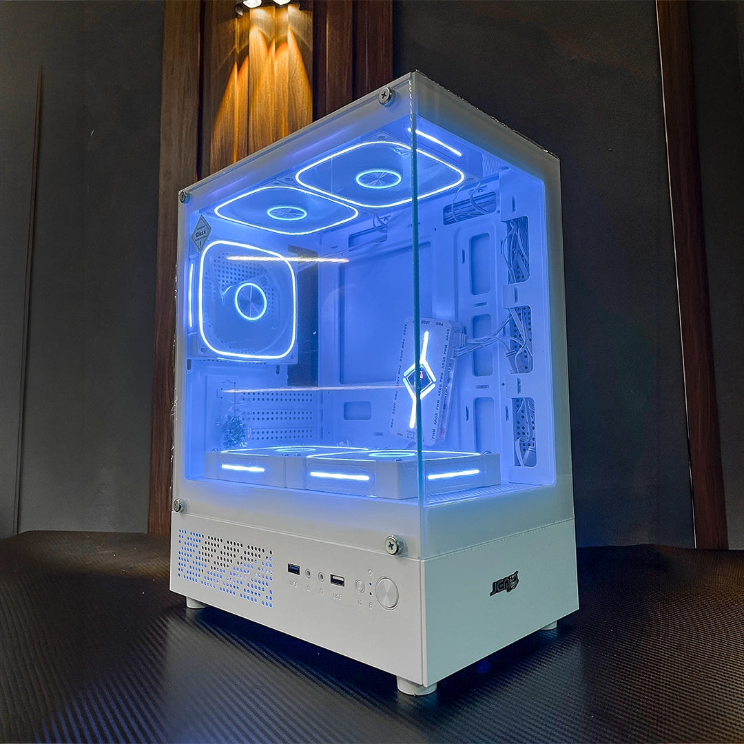 Case Gamer Jemip Clarity Blanco con diseño panorámico de vidrio templado dual y soporte ATX para setups blancos - Laptop Express Caracas
