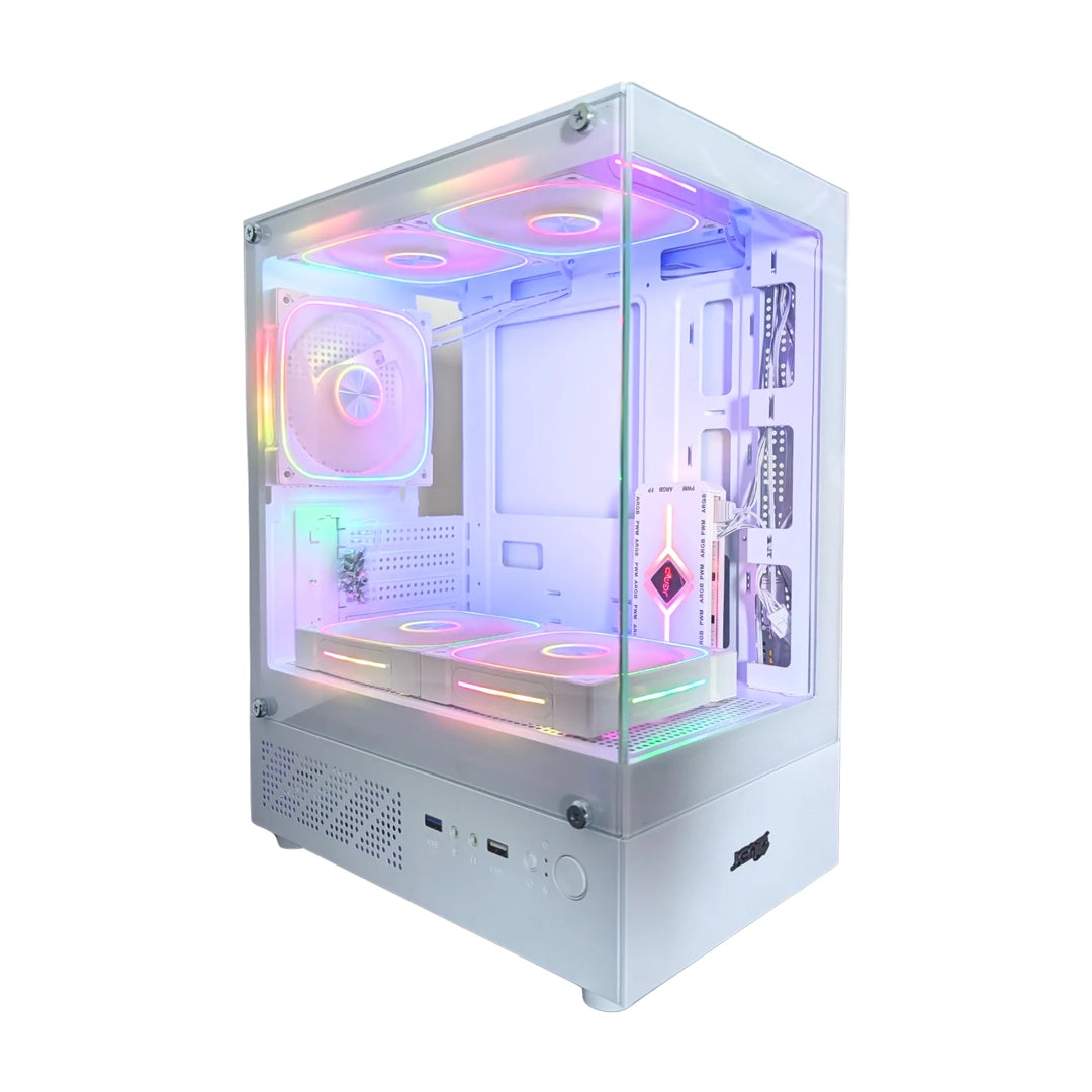 Case Gamer Jemip Clarity Blanco con diseño panorámico de vidrio templado dual y soporte ATX para setups blancos - Laptop Express Caracas