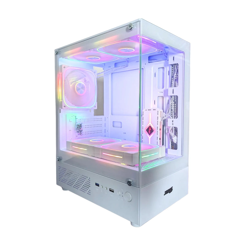 Case Gamer Jemip Clarity Blanco con diseño panorámico de vidrio templado dual y soporte ATX para setups blancos - Laptop Express Caracas
