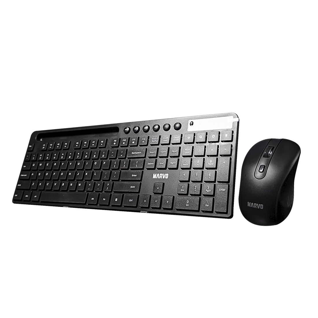 Combo inalámbrico Marvo KC411W de teclado negro con soporte superior para celular o tablet, botones multimedia y mouse ergonómico de 2.4 GHz - Laptop Express Caracas