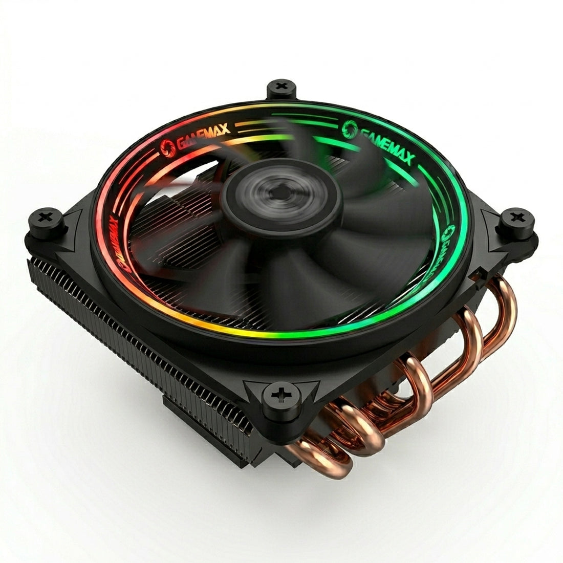 Disipador de torre GameMax Gamma 300 en color negro con 5 heatpipes e iluminación LED Rainbow - Laptop Express Caracas