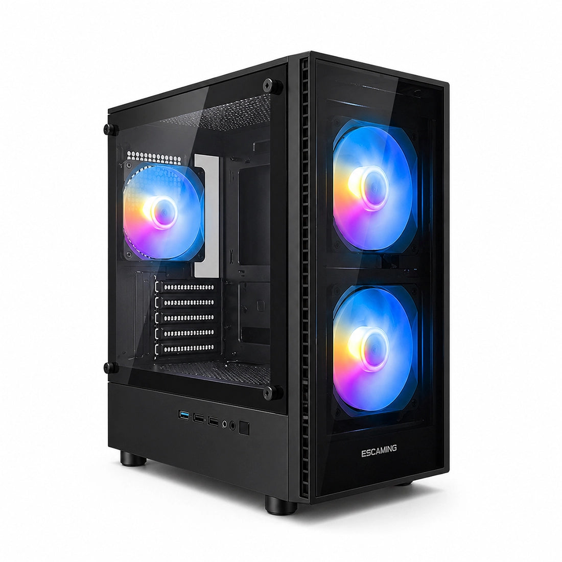 Case Gamer ESGAMING BP08 Mini Tower Micro-ATX con vidrio templado y 3 ventiladores Rainbow - Laptop Express Caracas
