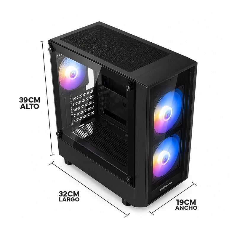 Case Gamer ESGAMING BP08 Mini Tower Micro-ATX con vidrio templado y 3 ventiladores Rainbow - Laptop Express Caracas