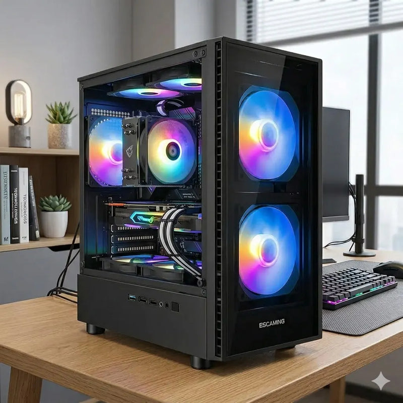 Case Gamer ESGAMING BP08 Mini Tower Micro-ATX con vidrio templado y 3 ventiladores Rainbow - Laptop Express Caracas