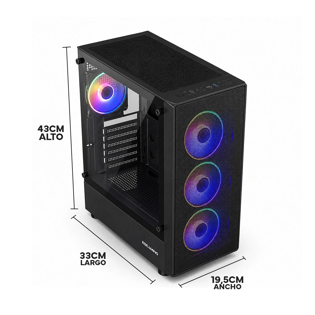 Case Gamer ESGAMING HA-01M Mesh Mid-Tower con 4 ventiladores Rainbow y vidrio templado - Laptop Express Caracas