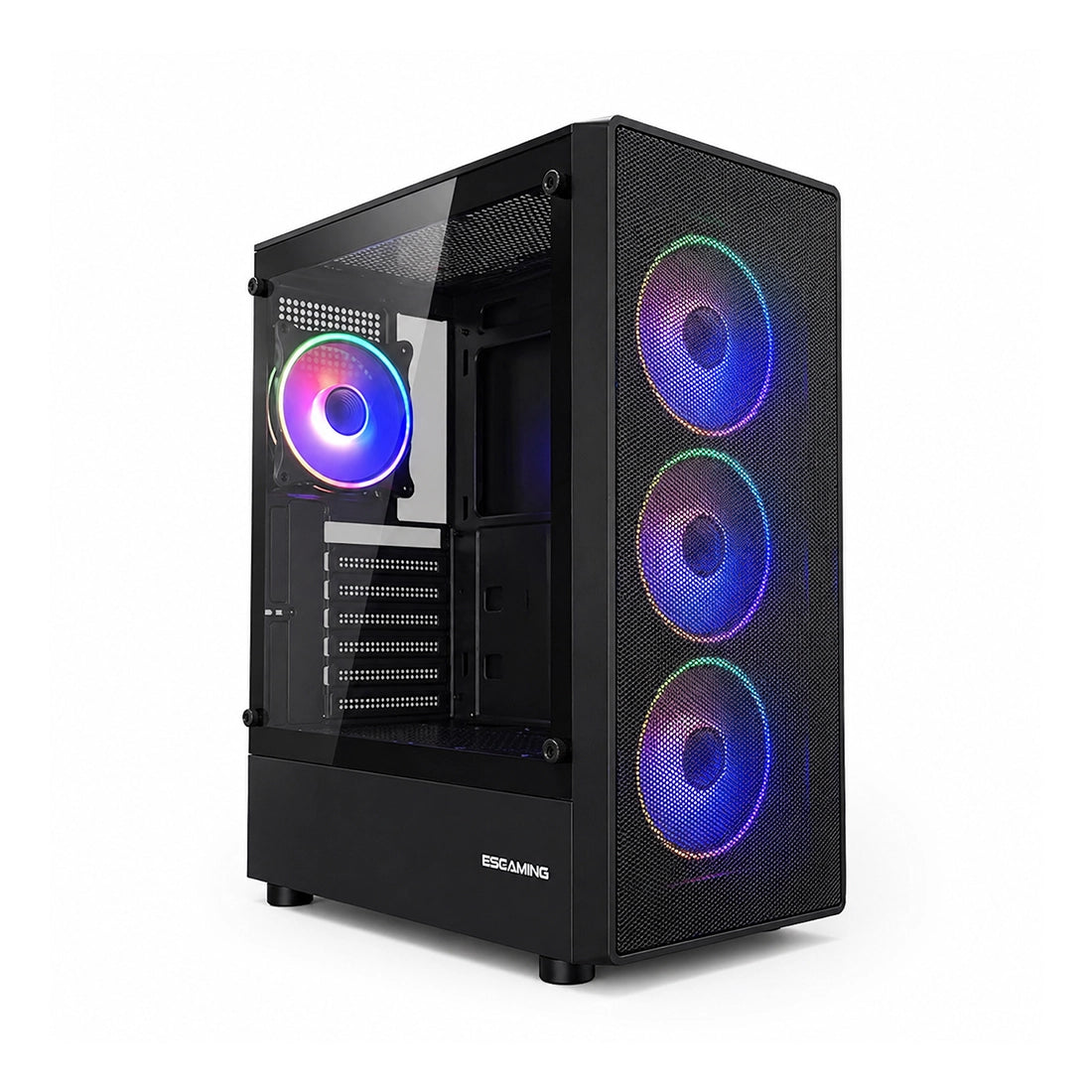 Case Gamer ESGAMING HA-01M Mesh Mid-Tower con 4 ventiladores Rainbow y vidrio templado - Laptop Express Caracas