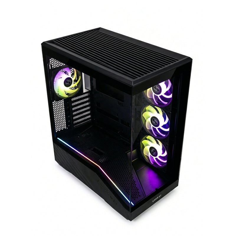 Gabinete Lian Li Gaming Vector V100R ATX en color negro mate con panel lateral de vidrio templado y cuatro ventiladores ARGB preinstalados. - Laptop Express Caracas
