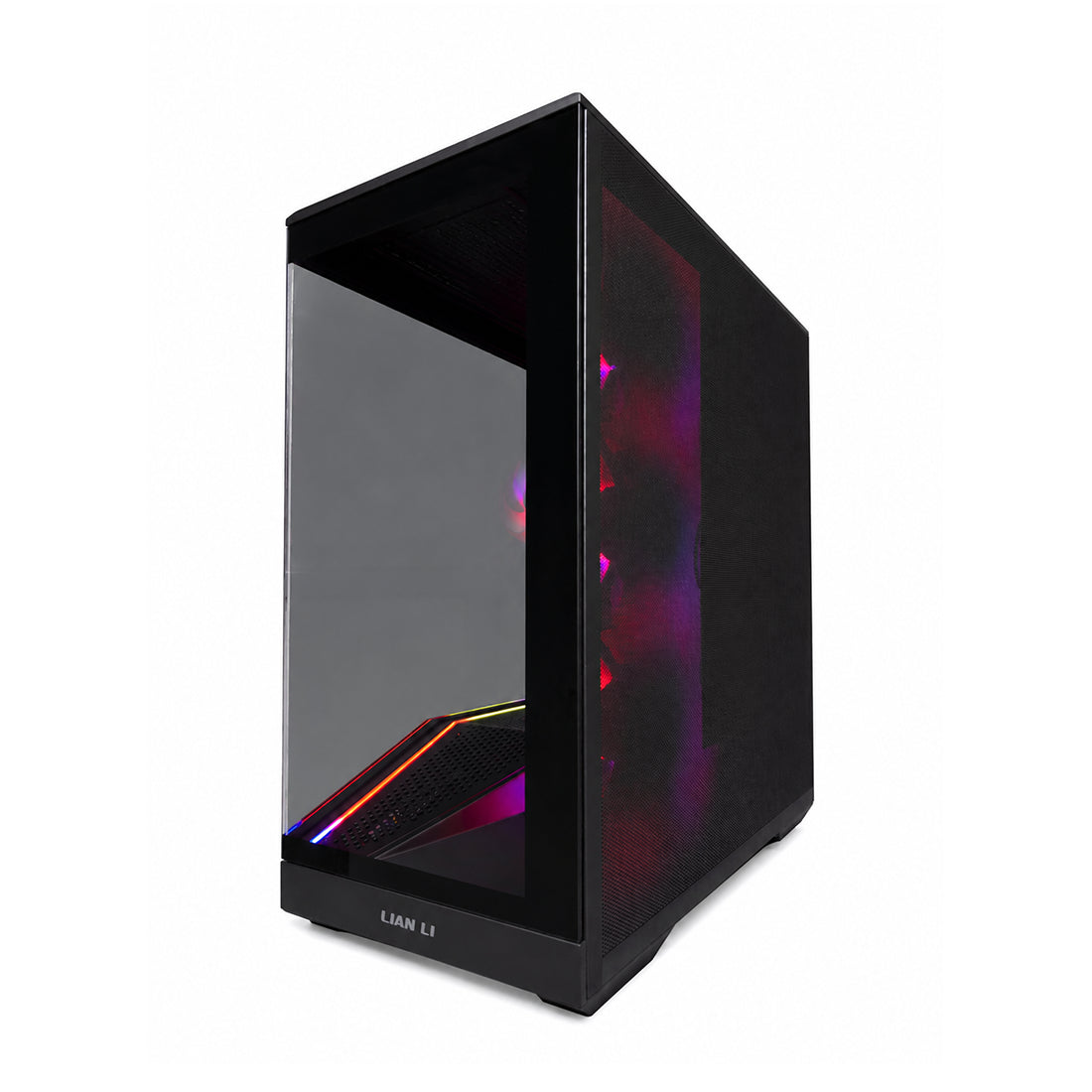 Gabinete Lian Li Gaming Vector V100R ATX en color negro mate con panel lateral de vidrio templado y cuatro ventiladores ARGB preinstalados. - Laptop Express Caracas
