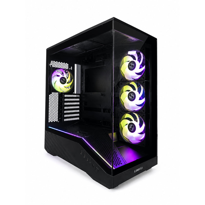 Gabinete Lian Li Gaming Vector V100R ATX en color negro mate con panel lateral de vidrio templado y cuatro ventiladores ARGB preinstalados. - Laptop Express Caracas