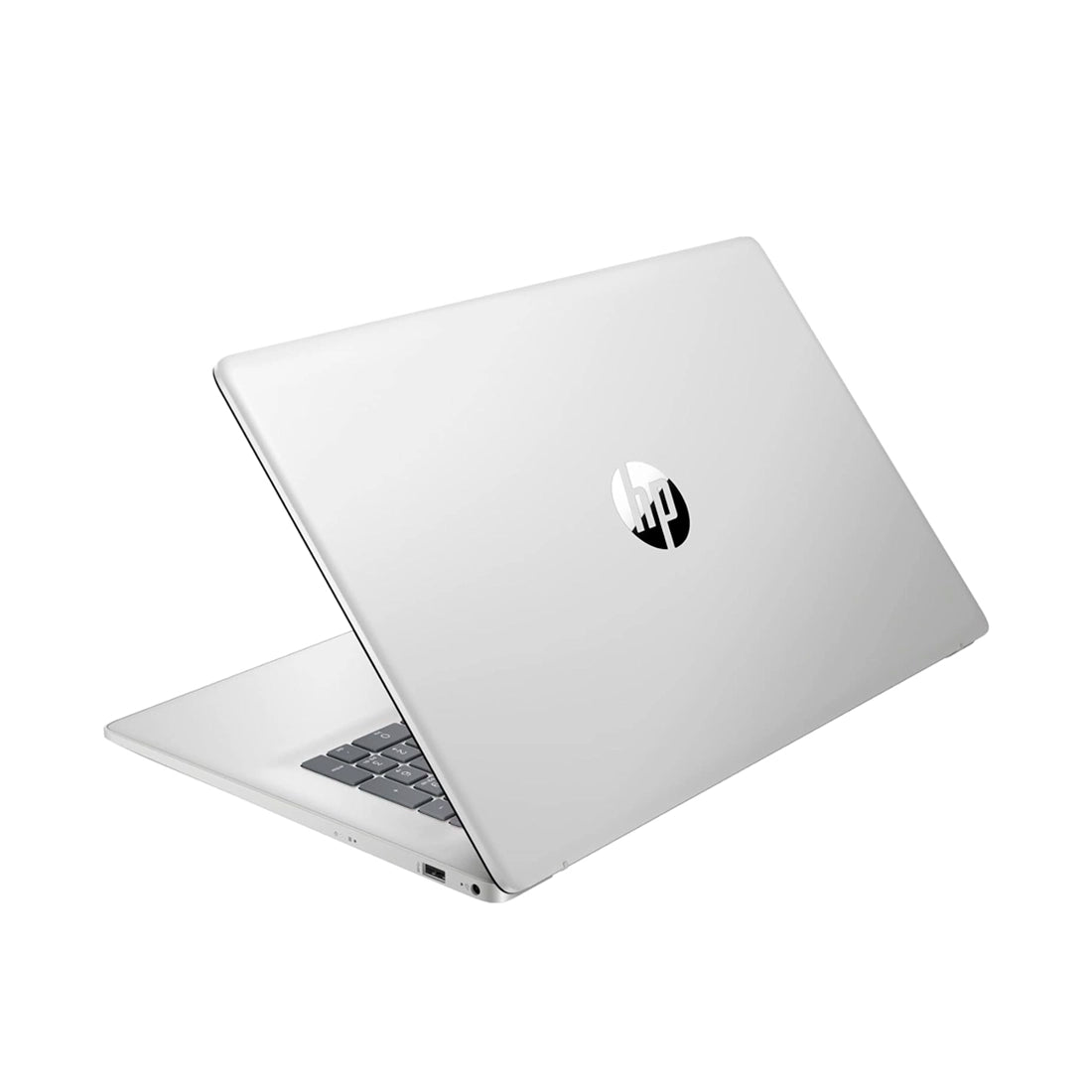Laptop HP de 17.3 pulgadas color plata abierta mostrando gran pantalla y teclado completo con pad numérico - Laptop Express Caracas