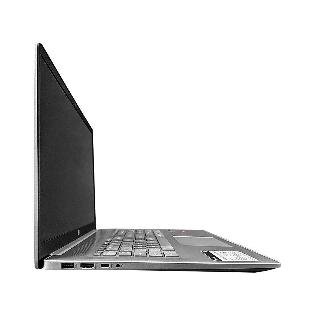 Laptop HP de 17.3 pulgadas color plata abierta mostrando gran pantalla y teclado completo con pad numérico - Laptop Express Caracas