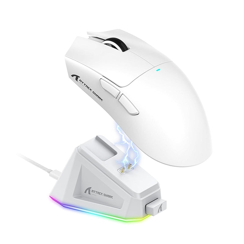 Mouse gamer blanco Attack Shark X11 con base de carga magnética, sensor PAW3311 y conexión inalámbrica tri-modo - Laptop Express Caracas