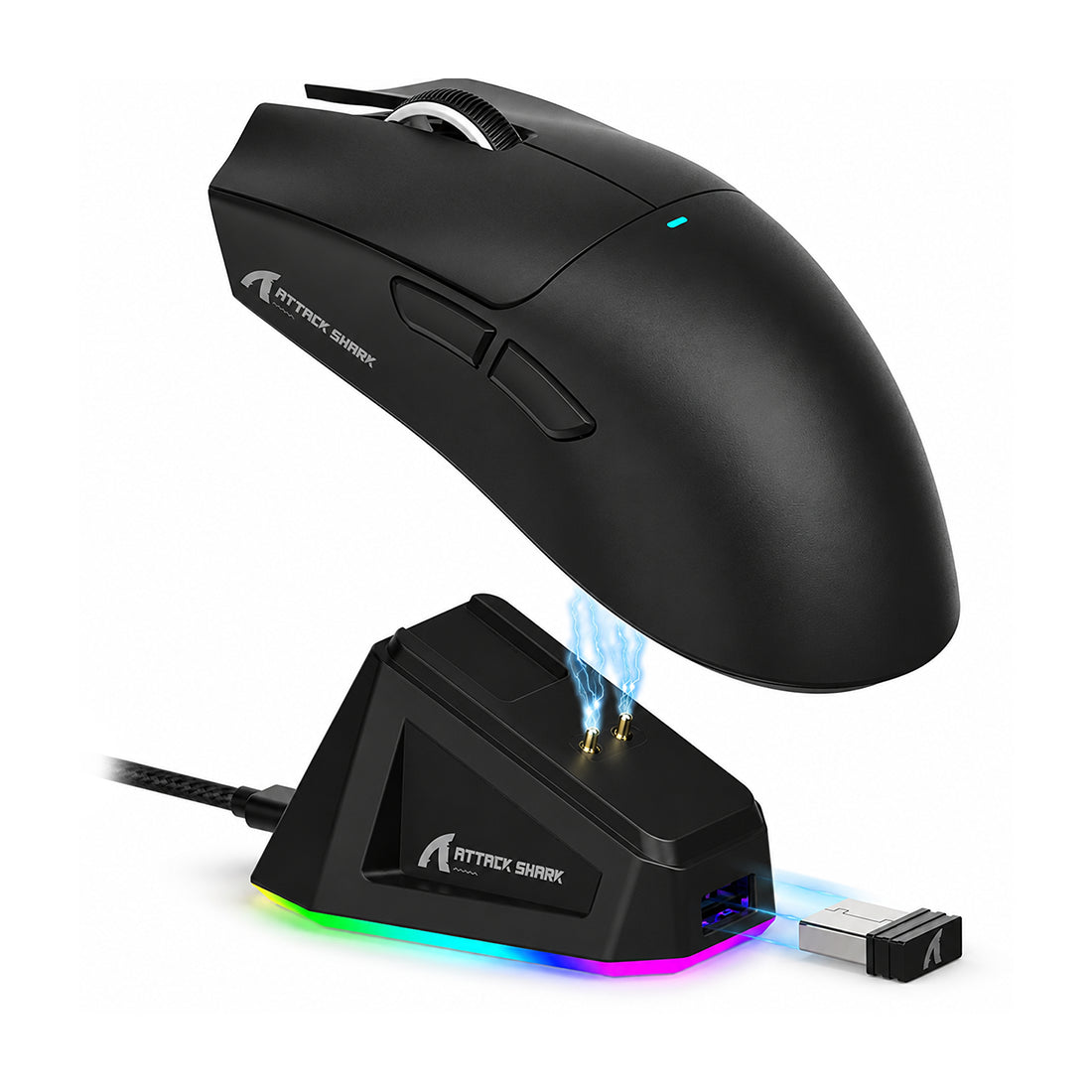 Mouse gamer negro Attack Shark X11 con base de carga magnética, sensor PAW3311 y conexión tri-modo - Laptop Express Caracas