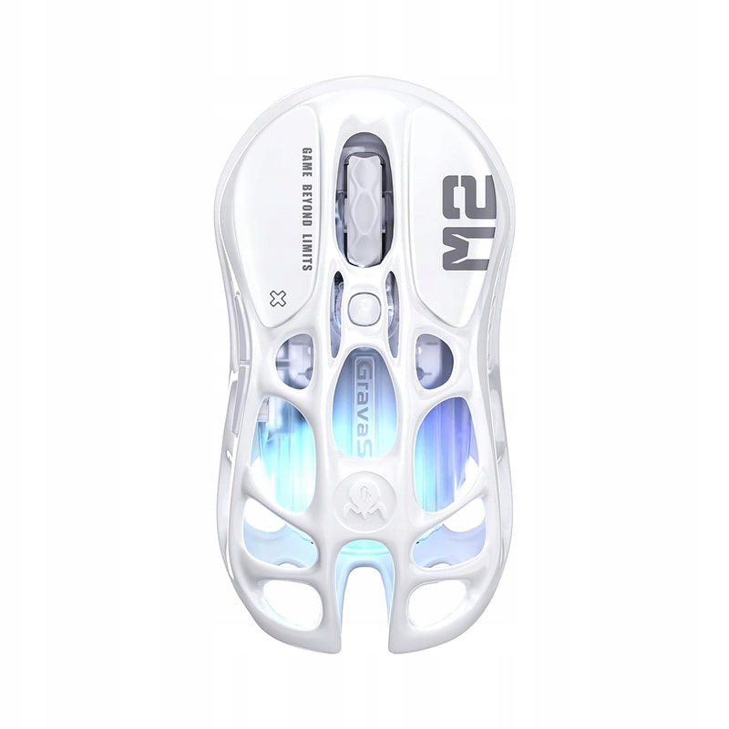Mouse gamer inalámbrico GravaStar Mercury M2 Crystal White con chasis hueco transparente y sensor PAW3395 de 26000 DPI - Laptop Express Caracas