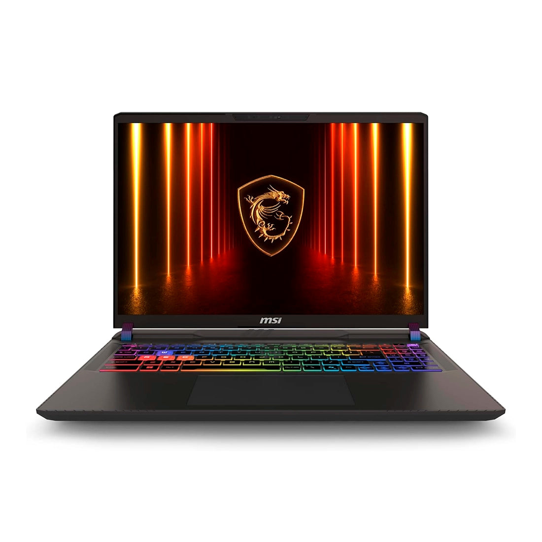 Laptop MSI Vector 16 HX AI A2XWIG-050US abierta mostrando teclado RGB SteelSeries, tarjeta de video RTX 5080 y procesador Core Ultra 9 - Laptop Express Caracas