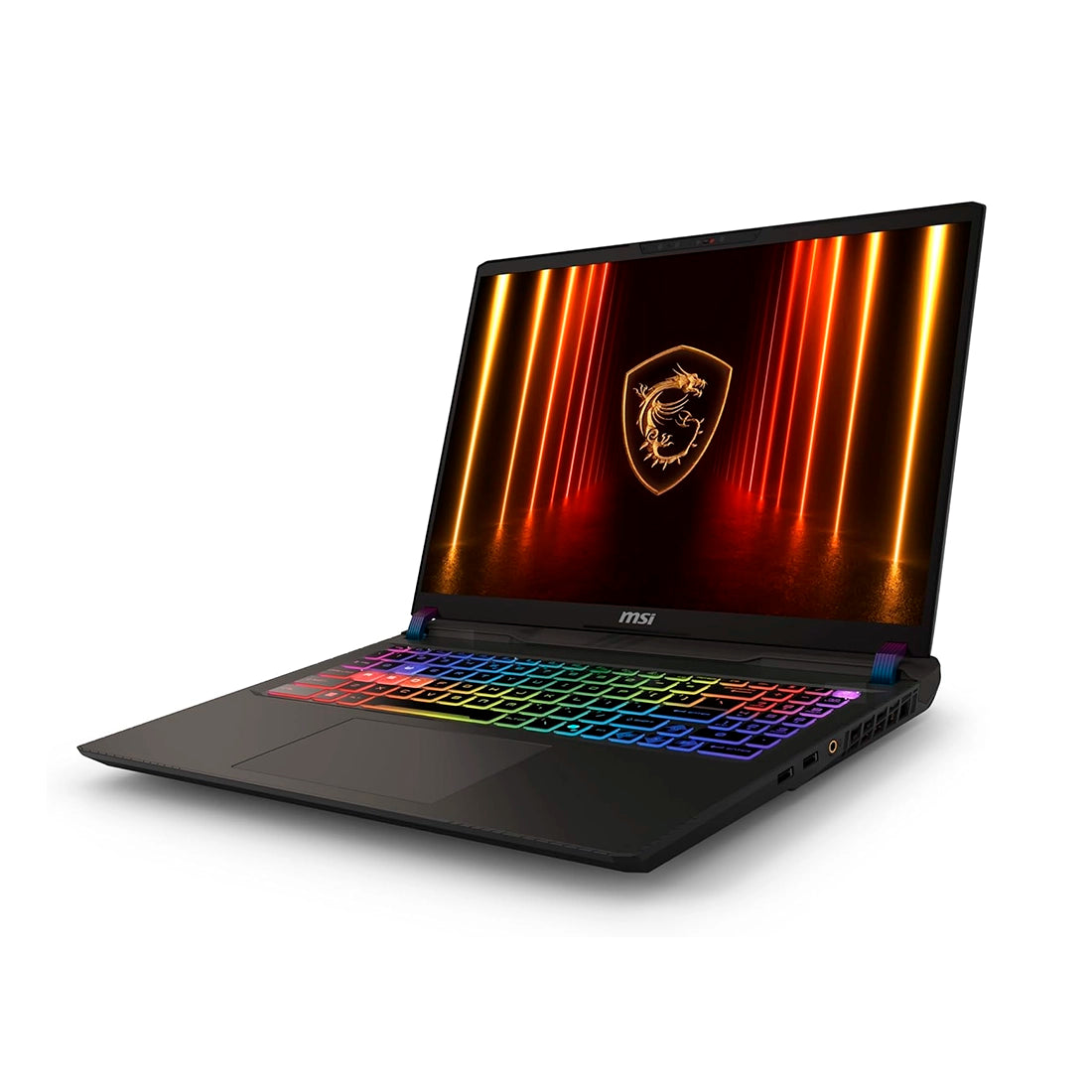 Laptop MSI Vector 16 HX AI A2XWIG-050US  abierta mostrando teclado RGB SteelSeries, tarjeta de video RTX 5080 y procesador Core Ultra 9 - Laptop Express Caracas