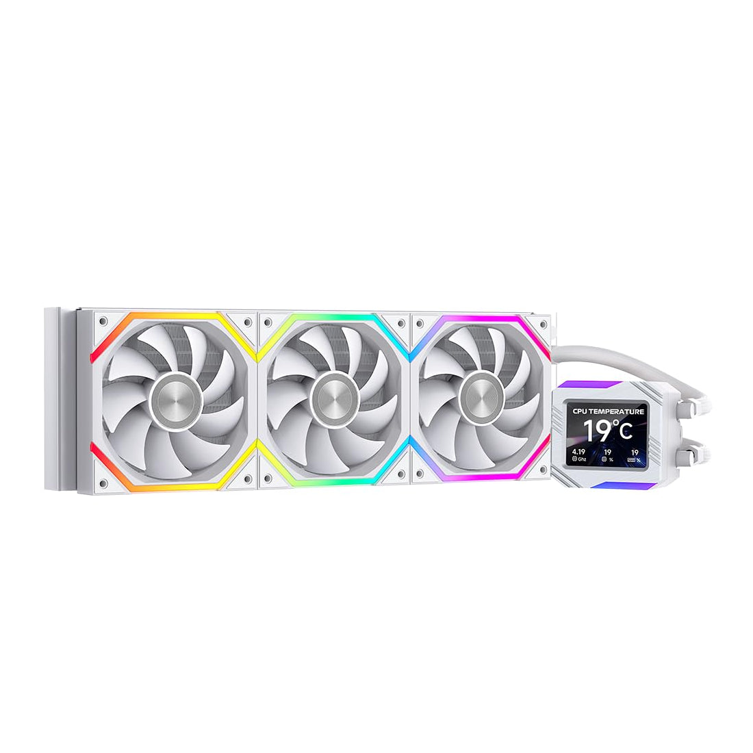 Sistema de refrigeración líquida de 360mm Astroshel V2G 360 en color blanco con pantalla digital en el bloque y tres ventiladores ARGB - Laptop Express Caracas