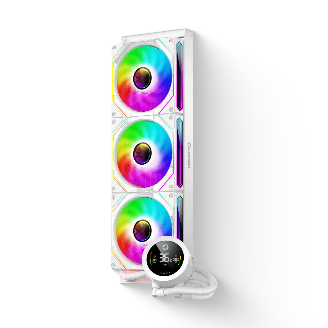 Sistema de refrigeración líquida de 360mm Iceburg 360 en color blanco con pantalla digital en la bomba y tres ventiladores ARGB - Laptop Express Caracas