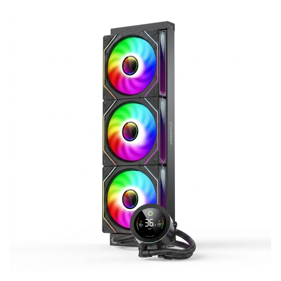 Sistema de refrigeración líquida de 360mm Iceburg 360 en color negro con pantalla digital en el bloque y tres ventiladores ARGB - Laptop Express Caracas