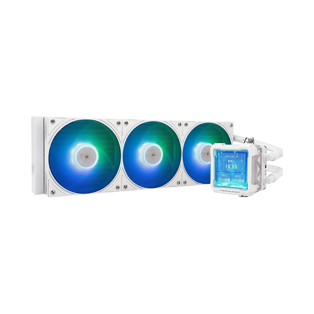Sistema de refrigeración líquida de 360mm Thermalright Frozen Warframe PRO en color blanco y azul con pantalla LCD IPS y tres ventiladores ARGB - Laptop Express Caracas