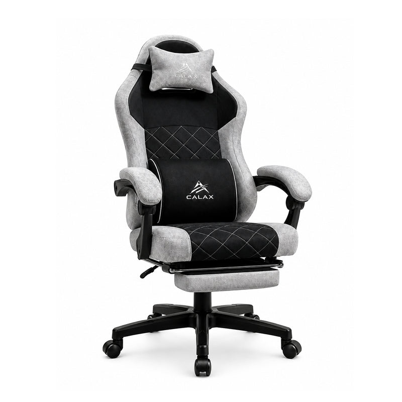 Silla gamer ergonómica Calax D1146 en color gris y negro con tela transpirable, reposapiés, cojín masajeador e inclinación de 140 grados - Laptop Express Caracas