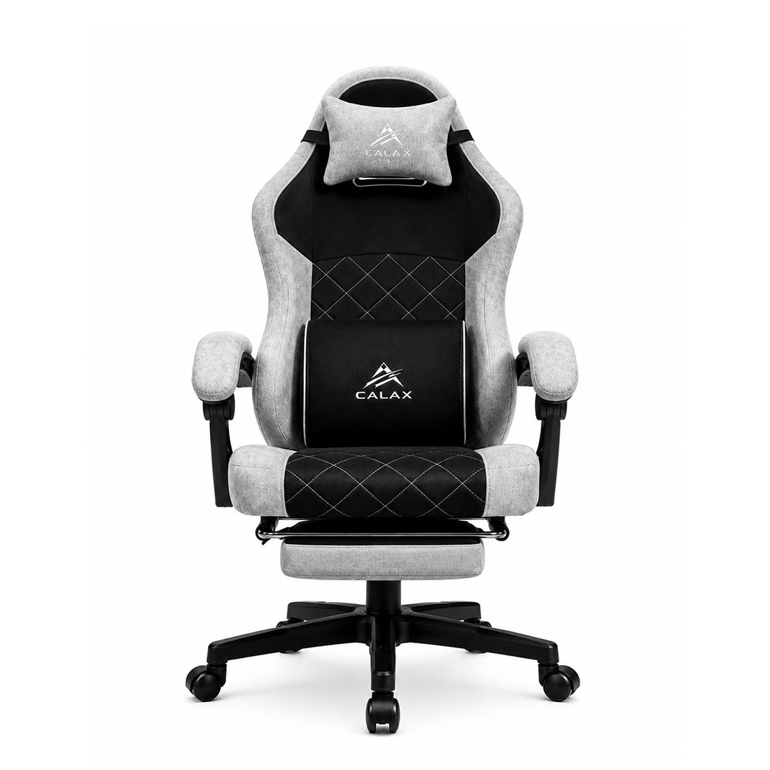Silla gamer ergonómica Calax D1146 en color gris y negro con tela transpirable, reposapiés, cojín masajeador e inclinación de 140 grados - Laptop Express Caracas