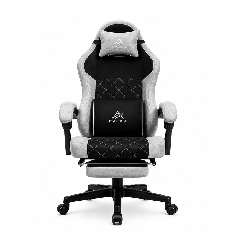 Silla gamer ergonómica Calax D1146 en color gris y negro con tela transpirable, reposapiés, cojín masajeador e inclinación de 140 grados - Laptop Express Caracas