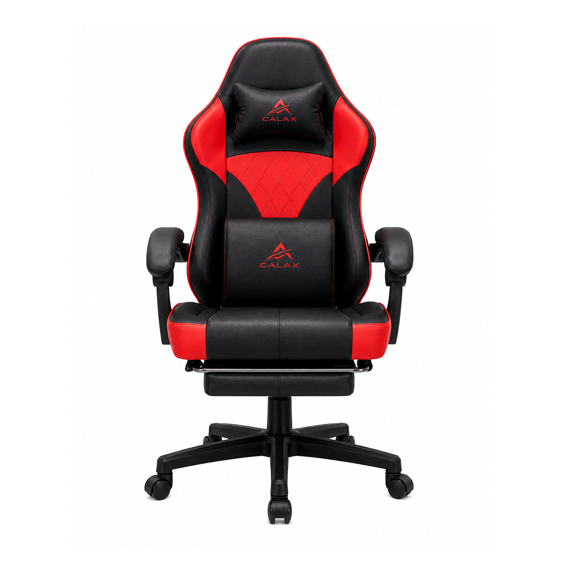 Silla gamer ergonómica Calax D1145 en color rojo y negro con reposapiés, cojín masajeador e inclinación de 140 grados - Laptop Express Caracas
