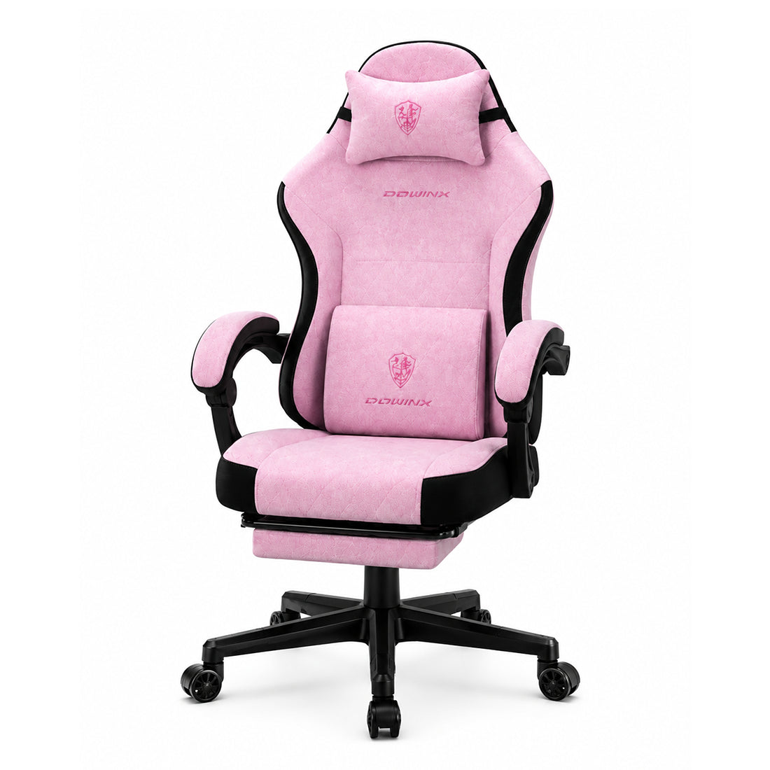 Silla gamer ergonómica Dowinx LS6650F en color gris rosado con tela suave, reposapiés, cojín masajeador e inclinación de 140 grados - Laptop Express Caracas